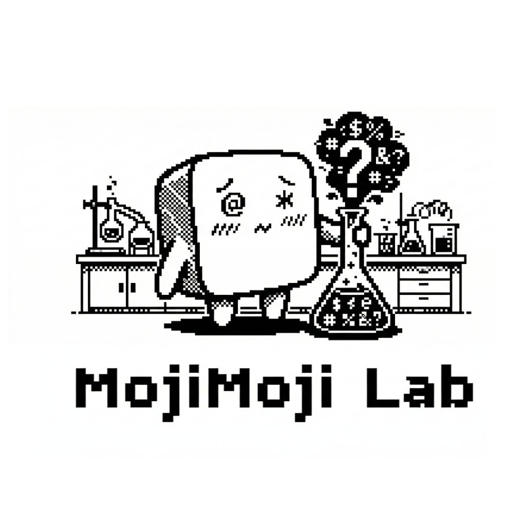 Mojimoji Lab 標誌：一隻方形吉祥物站在實驗室裡